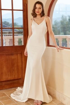 Zeemeermin Spaghetti Bandjes Witte Trouwjurk Met Knoop