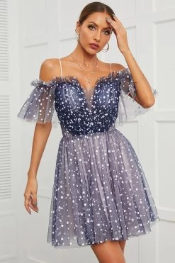 Marine Polka Dots Off-shoulder Cocktail Jurk