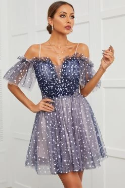 Marine Polka Dots Off-shoulder Cocktail Jurk -Jurken Korting Winkel 151056Navy 4