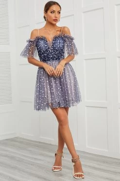 Marine Polka Dots Off-shoulder Cocktail Jurk -Jurken Korting Winkel 151056Navy 7