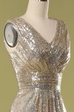 Goudkleurige Bruidsmeisjes Galajurk Met V-hals En Lovertjes -Jurken Korting Winkel 19120500266