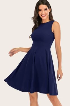 Navy Solid Mouwloze Jaren 1950 Swing Dress