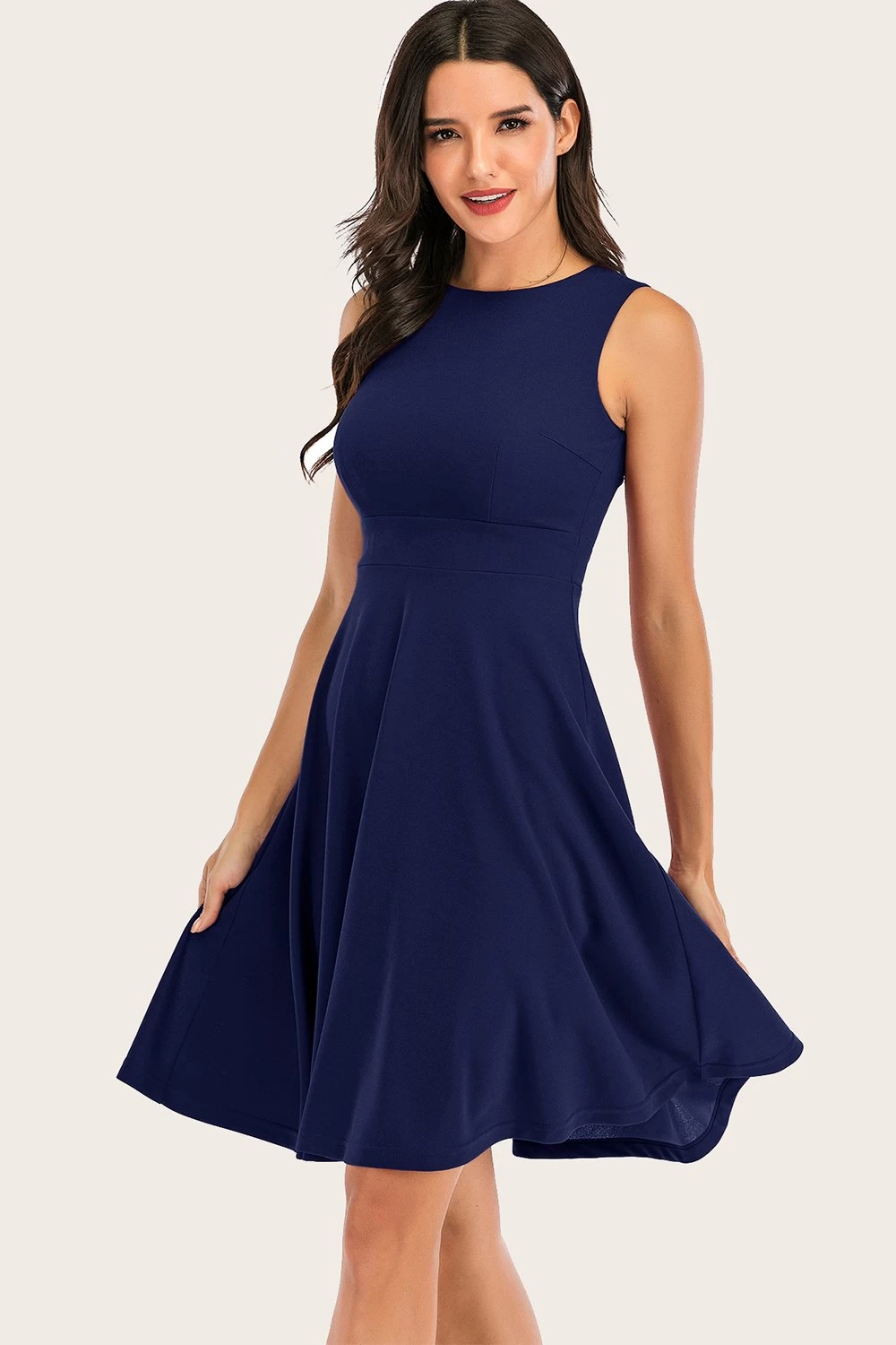 Navy Solid Mouwloze Jaren 1950 Swing Dress 5 Navy Solid Mouwloze Jaren 1950 Swing Dress - Afbeelding 3