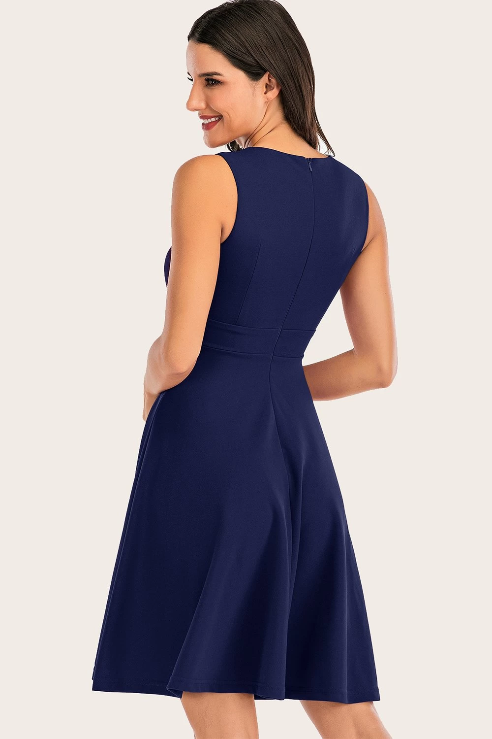 Navy Solid Mouwloze Jaren 1950 Swing Dress 4 Navy Solid Mouwloze Jaren 1950 Swing Dress - Afbeelding 2