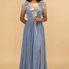 Grijsblauwe Spaghetti Bandjes Lange Chiffon Bruidsmeisjesjurk Met Spleet