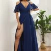 Cold Shoulder Navy Chiffon Bruidsmeisjesjurk Met Spleet -Jurken Korting Winkel 28009014Navy