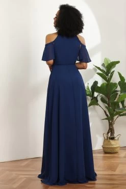Cold Shoulder Navy Chiffon Bruidsmeisjesjurk Met Spleet -Jurken Korting Winkel 28009014 20 8