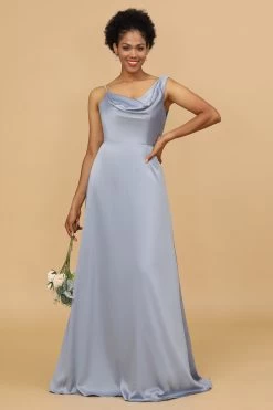 A Line Asymmetrical Neck Grijs Blauw Satin Long Bridesmaid Dress