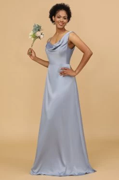 A Line Asymmetrical Neck Grijs Blauw Satin Long Bridesmaid Dress -Jurken Korting Winkel 28009032 20 3