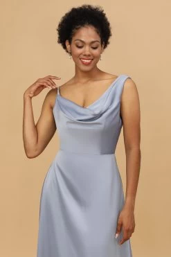 A Line Asymmetrical Neck Grijs Blauw Satin Long Bridesmaid Dress -Jurken Korting Winkel 28009032 20 4