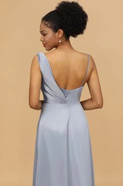 A Line Asymmetrical Neck Grijs Blauw Satin Long Bridesmaid Dress -Jurken Korting Winkel 28009032 20 6