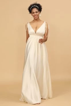 Ivoren Diepe V-hals Rugloze Lange Bruidsmeisjesjurk -Jurken Korting Winkel 28009037 Ivory 3