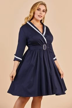 Marine Blauwe Vintage Grote Maat Wrap Jurk -Jurken Korting Winkel 4b23390262bf3d28a5306ee02bfdb38a