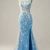 Zeemeermin Spaghetti Bandjes Blauw Lang Galajurk Met Appliques -Jurken Korting Winkel 90062LightBlue 1