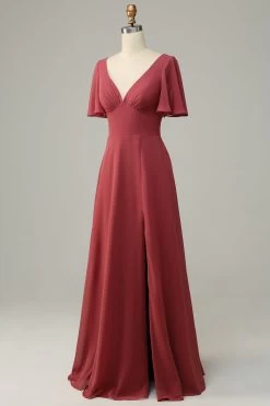 V-hals Korte Mouwen Open Rug Bruidsmeisjesjurk 10 V-hals Korte Mouwen Open Rug Bruidsmeisjesjurk -Jurken Korting Winkel AHANR450 Desert Rose 2