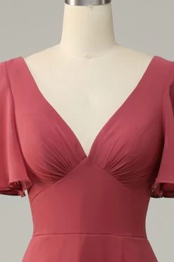 V-hals Korte Mouwen Open Rug Bruidsmeisjesjurk 11 V-hals Korte Mouwen Open Rug Bruidsmeisjesjurk -Jurken Korting Winkel AHANR450 Desert Rose 4