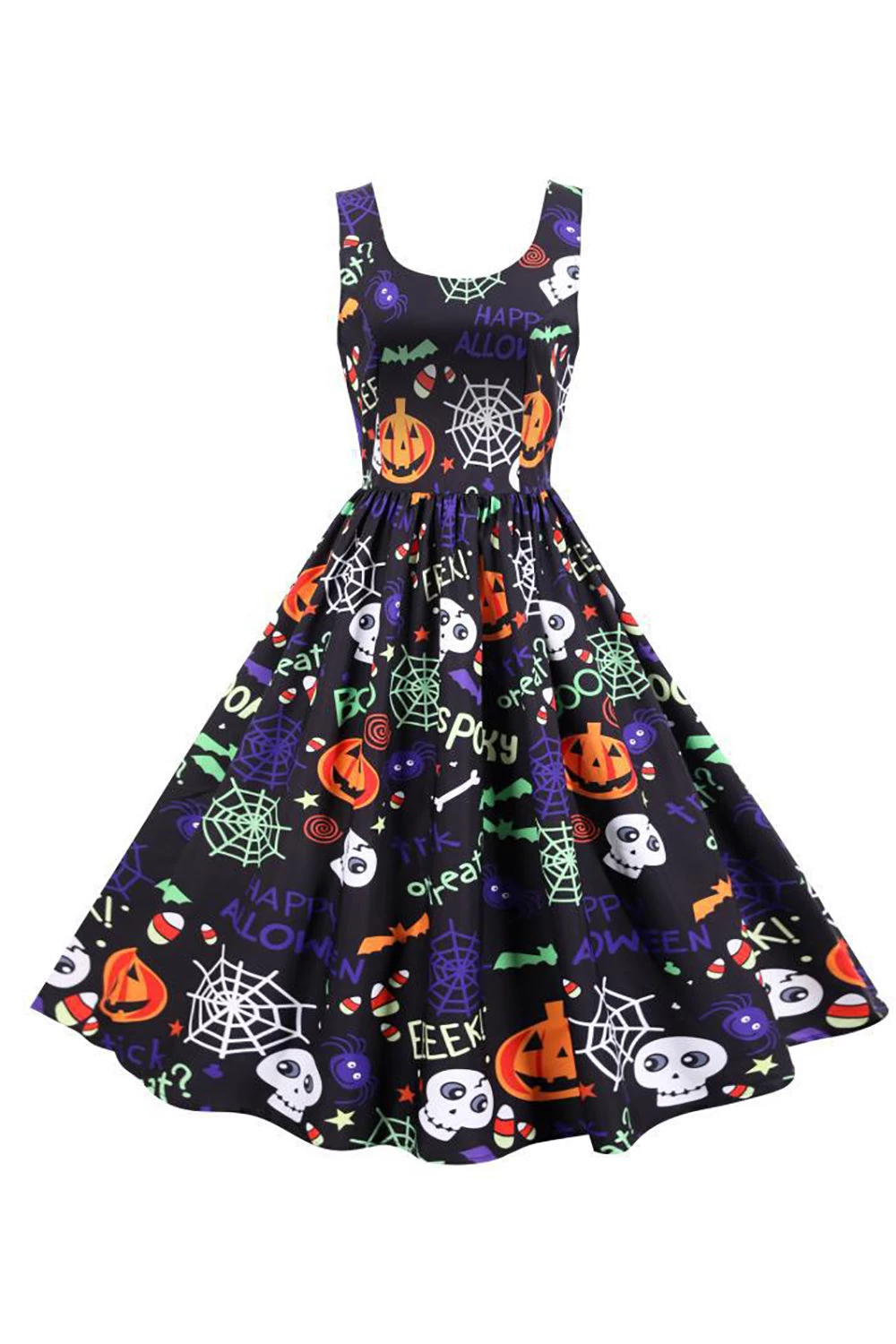Mouwloze Bedrukte Getailleerde Halloween Retro Jurk 3 Mouwloze Bedrukte Getailleerde Halloween Retro Jurk