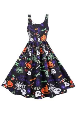 Mouwloze Bedrukte Getailleerde Halloween Retro Jurk 7 Mouwloze Bedrukte Getailleerde Halloween Retro Jurk -Jurken Korting Winkel CGGXH0127 Black 2