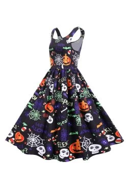 Mouwloze Bedrukte Getailleerde Halloween Retro Jurk 8 Mouwloze Bedrukte Getailleerde Halloween Retro Jurk -Jurken Korting Winkel CGGXH0127 Black 3