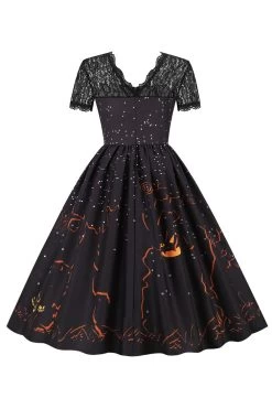Halloween Party Kant Print Vintage Jurk -Jurken Korting Winkel CGGXH0130 Black 2