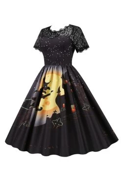 Halloween Party Kant Print Vintage Jurk -Jurken Korting Winkel CGGXH0130 Black 3