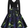 V-hals Zwarte Halloween Bedrukte Vintage Jurk