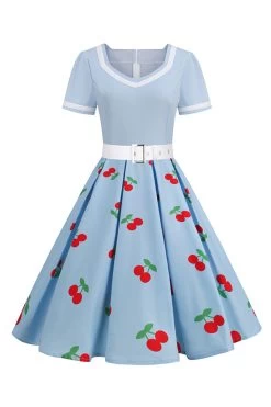 V-hals Zwarte Print Vintage Jurk Met Korte Mouwen -Jurken Korting Winkel CGLLY30545 20Blue 20 1