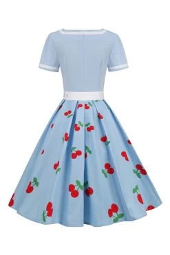 V-hals Zwarte Print Vintage Jurk Met Korte Mouwen -Jurken Korting Winkel CGLLY30545 20Blue 20 2