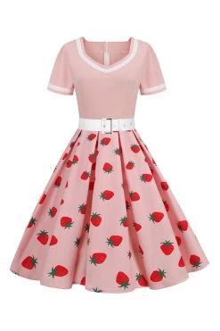 V-hals Zwarte Print Vintage Jurk Met Korte Mouwen -Jurken Korting Winkel CGLLY30545 20Pink 20 1