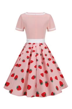 V-hals Zwarte Print Vintage Jurk Met Korte Mouwen -Jurken Korting Winkel CGLLY30545 20Pink 20 2