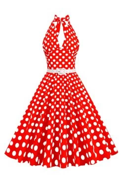 Hepburn Stijl Halter Hals Polka Dots Rood Jaren 1950 Jurk