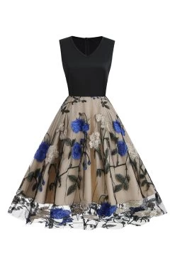 Blauwe Swing Jaren 1950 Jurk Met Borduurwerk