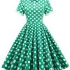 Groen Wit Dot Vintage Jurkje Met Korte Mouwen -Jurken Korting Winkel CGZL221119 Green WHite Dot 1 first