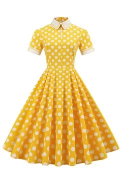 Gele Polka Dots Lente Jaren 1950 Jurk