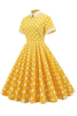 Gele Polka Dots Lente Jaren 1950 Jurk -Jurken Korting Winkel CGZL221119 Yellow White Dot 3