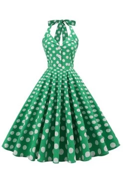 Groene Halter Polka Dots Jaren 1950 Jurk