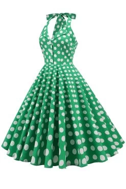 Groene Halter Polka Dots Jaren 1950 Jurk -Jurken Korting Winkel CGZL221122 Green 3