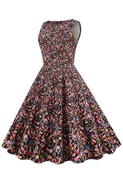 Groene Bladeren Bedrukt Vintage Jaren 1950 Jurk 18 Groene Bladeren Bedrukt Vintage Jaren 1950 Jurk -Jurken Korting Winkel CGZL221337 Black Floral 3