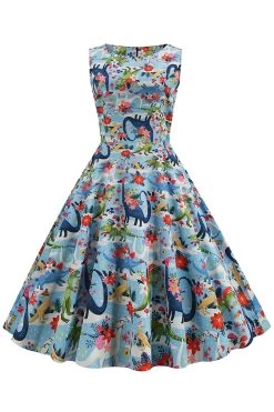 Lichtblauwe Bloemen Vintage Jaren 1950 Jurk
