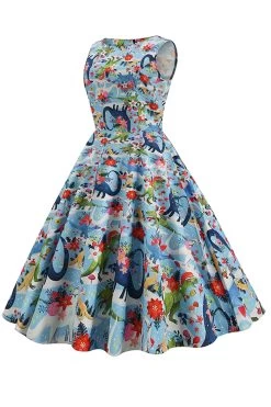 Lichtblauwe Bloemen Vintage Jaren 1950 Jurk -Jurken Korting Winkel CGZL221337 Light Blue 3