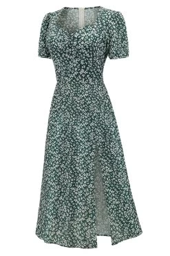 V Hals Floral 1950s Vintage Jurk -Jurken Korting Winkel CGZL221341 Dark Green 3