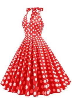 Rode Knop Polka Dots 1950s Pin Up Jurk -Jurken Korting Winkel CGZL221343 Red 3