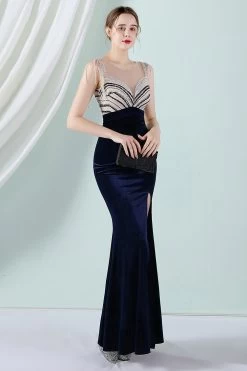 Donkergroene Zeemeermin Bateau Hals Galajurk -Jurken Korting Winkel CGZL221488 Navy 4