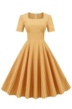 Strepen Korte Mouwen 1950s Swing Jurk -Jurken Korting Winkel CGZL221563 Yellow 1 first
