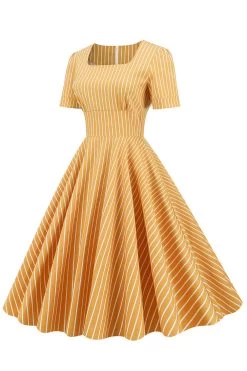 Strepen Korte Mouwen 1950s Swing Jurk -Jurken Korting Winkel CGZL221563 Yellow 3