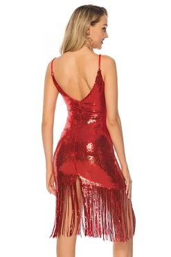 Zwarte Pailletten Spaghettibandjes Fringe Cocktail Jurk -Jurken Korting Winkel CGZL2218721 Red 2