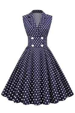 Marine V-Hals Polka Dots 1950s Swing Jurk