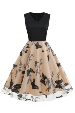 Zwarte V-hals Vintage Jaren 1950 Jurk Met Appliques