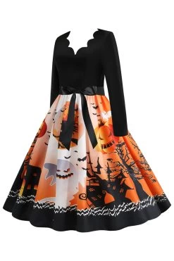 V-hals Bedrukte Halloween Jurk Met Riem 9 V-hals Bedrukte Halloween Jurk Met Riem -Jurken Korting Winkel CGZL2218948 Orange 3