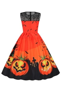 Vintage Ronde Hals Kant Paneel Print Halloween Jurk -Jurken Korting Winkel CGZL2218949 Orange Red 2